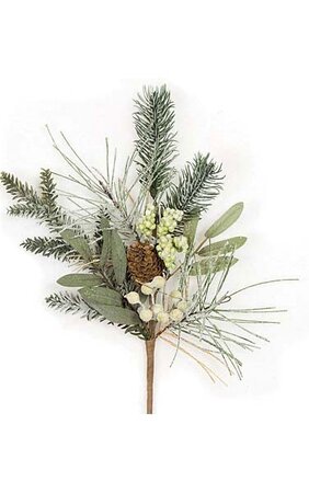 17 inches x 8 inches PE/PVC Mix Frosted Berry Pine Pick - Pine Cone and Green Berries