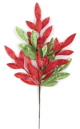 23 inches Glittered Bay Leaf Spray - 8 inches Stem - Red/Green