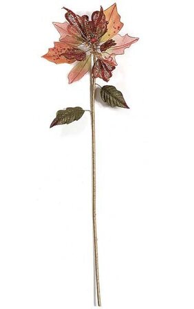 30 inches Beaded Poinsettia Spray - 2 Glittered Leaves -20 inches Stem - Pink/Red