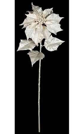 32 inches Velvet/Satin Poinsettia Spray - Silver Glitter Trim - 3 Plastic Coated Leaves - Cream/White