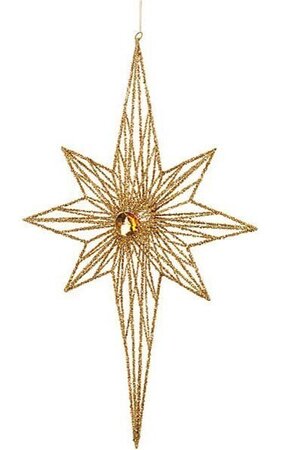 36 inches x 21 inches Tinsel Glittered Wire Star Ornament with Jewel - Gold