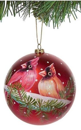 4 inches Plastic Ball with Cardinals Ornament - Red