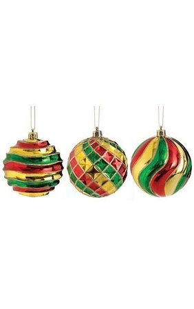 4 inches Plastic Ball Ornament Set - 3 Assorted Styles - Red/Green/Gold