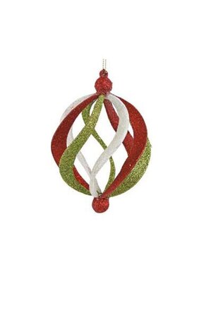 5 inches Plastic Glittered Spiral Ball Ornament - Red/Green/White