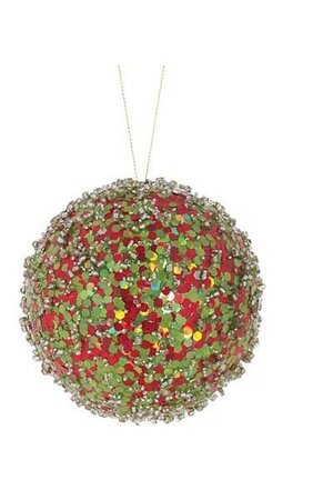 5 inches Sequined/Beaded Ball Ornament - Green/Red