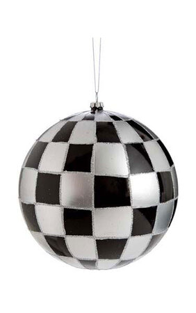 6 inches Plastic Ball Ornament - Glittered Checkered Pattern - Silver/Black