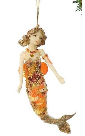 6 inches Porcelain Mermaid Ornament - Orange/Gold