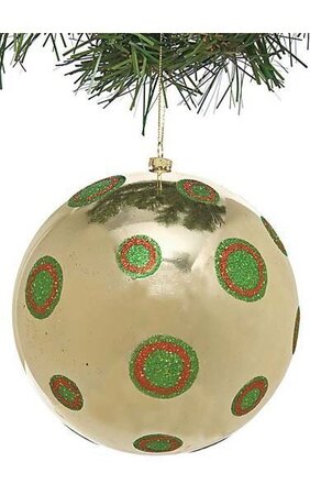 6 inches Polka Dot Ball Ornament - Shiny Gold and Glittered Green/Red Dots
