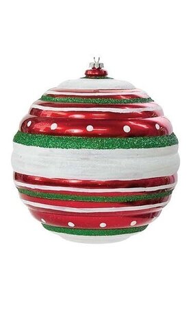 6 inches Plastic Shiny Red Ball Ornament - Glitter Green and White Pattern