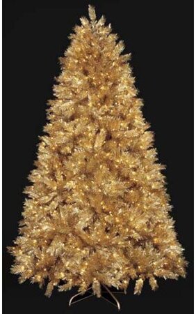 7.5 feet Gold Tinsel Laser Christmas Tree - Full Size - Clear Lights - Wire Stand