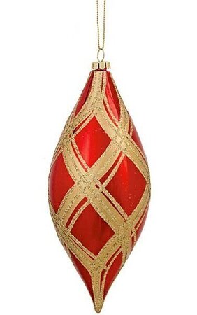 Plastic Shiny Oval Finial Ornament - Glittered Diamond Pattern - Red/Gold