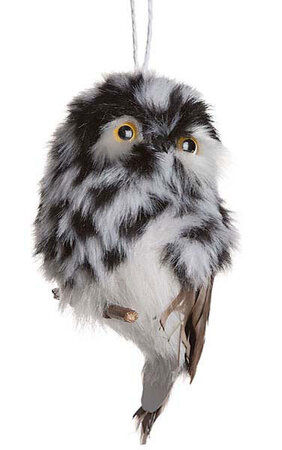 7 inches x 3.5 inches Fuzzy Owl Ornament - Black/White
