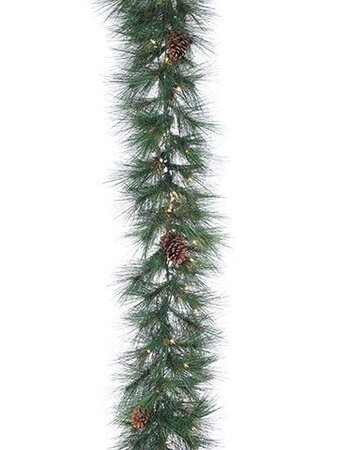 9'Lx12"W Long Needle Pine Garland x110 w/Cone & 50 Clear Lights Green