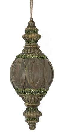 Earthflora's 10 Inch Antique Brown Finial Ornament With Green Glitter