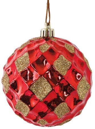 3 Inch Reflective Red Grid Ball Ornament with Gold Glitter