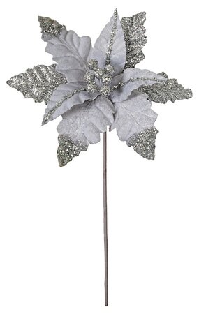 25 Inch Silver Velvet & Glitter Poinsettia Stem