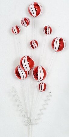 22 inches Metallic Ball Spray - 10 Glittered Balls - 6 inches Stem - Red/White
