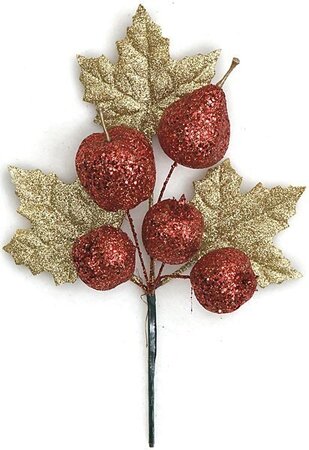 10 inches x 8 inches Plastic Glittered Mixed Fruit Pick - Red/Gold