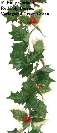 EF-61  5 feet Holly Garland 2 inches Holly Leaves, Red Poly Berries. Color: Variegated Green/Green (Sold in a 12 pc set)