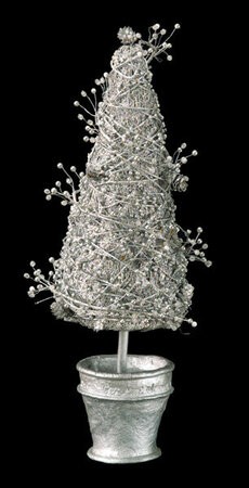 Beaded Topiary with Pine Cones-Silver
