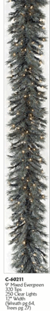 9 feet Mixed Evergreen Christmas Garland - 320 Tips - 250 Clear Lights - 12 inches Width