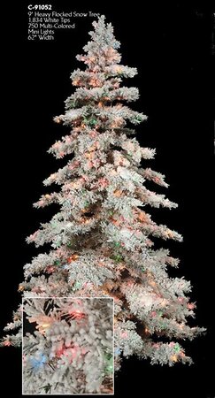 C-91052 9 feet Flocked Mountain Pine Tree - Full - 1,882 Tips - 750 Multi Color Mini Lights - 63 inches Width - Wire Stand