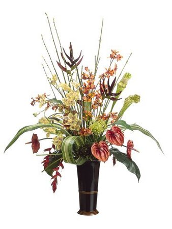 EF-WF2663 38"Hx31"Wx18"L Anthurium/Heliconia/Orchid in Ceramic Vase Orange  Burgundy > Artificial Tropical Plants > Earthflora
