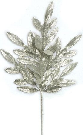 23 inches Plastic Glittered Bay Leaf Spray - 8 inches Stem - Metallic Silver