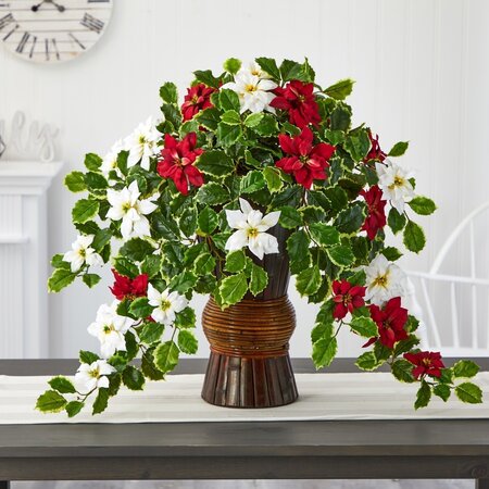 22.5" Poinsettia and Holly Artificial Plant in Decorative Planter (Real Touch)