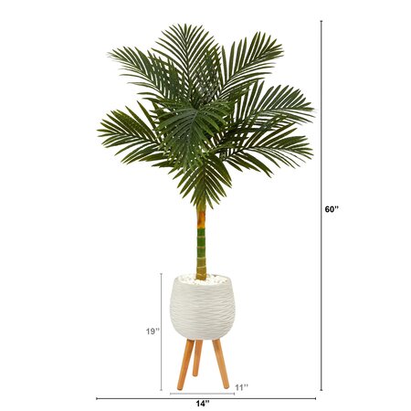 5’ Golden Cane Artificial Palm Tree In White Planter With Stand