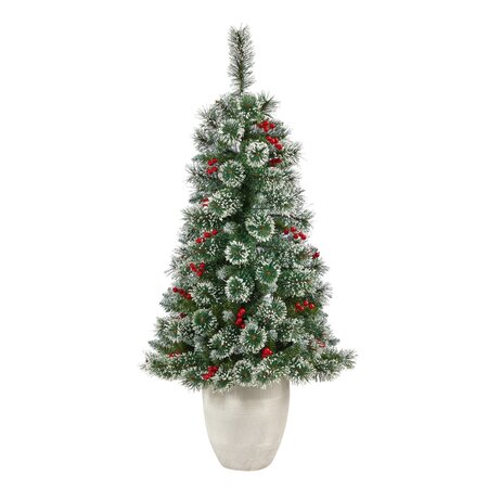 50" Frosted Swiss Pine Artificial Christmas Tree with 100 Clear LED Lights and Berries in White Planter
