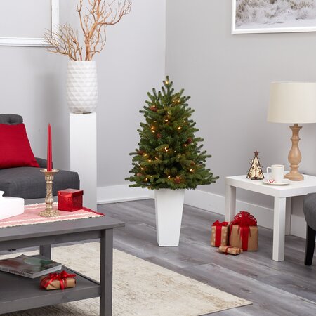 3.5’ Yukon Mountain Fir Artificial Christmas Tree With 50 Clear Lights And Pine Cones In White Pl...