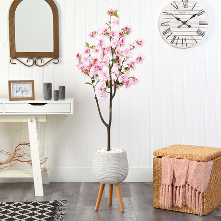63” Cherry Blossom Artificial Tree In White Planter With Stand