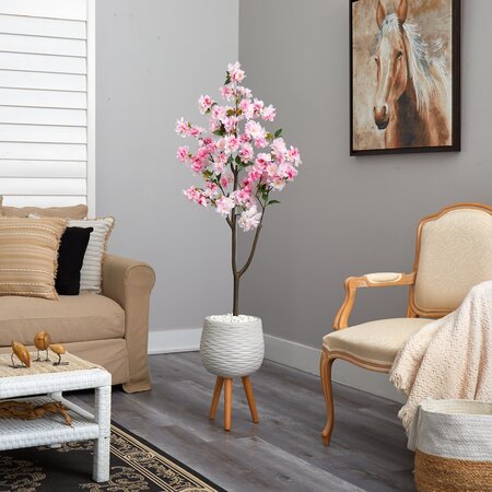 63” Cherry Blossom Artificial Tree In White Planter With Stand