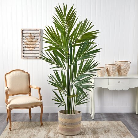 7’ Kentia Artificial Palm In Handmade Natural Cotton Multicolored Woven Planter