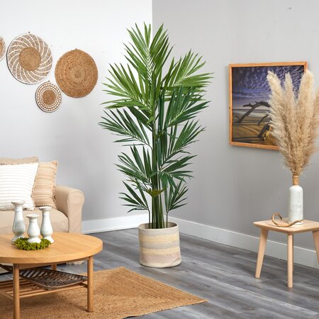 7’ Kentia Artificial Palm In Handmade Natural Cotton Multicolored Woven Planter