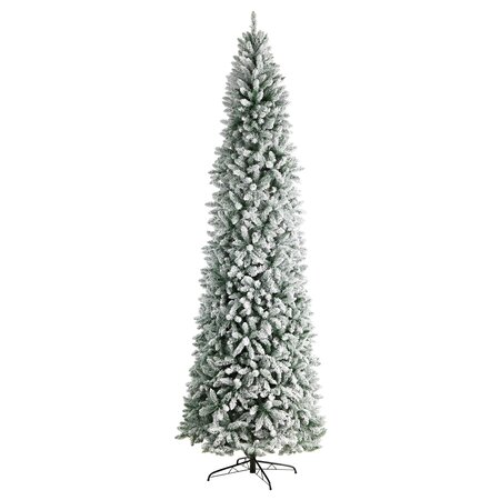 10' Slim Flocked Montreal Fir Artificial Christmas Tree with 800 Warm White LED Lights and 2420 B...