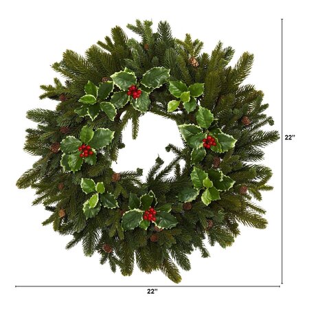22” Pine, Pinecone And Variegated Holly Leaf Artificial Wreath