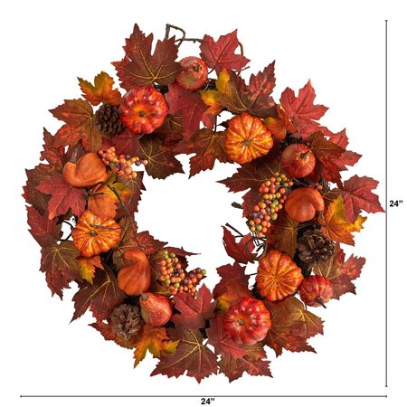 24" Autumn Maple Leaves, Pumpkin, Pinecone and Berries Artificial Fall Wreath