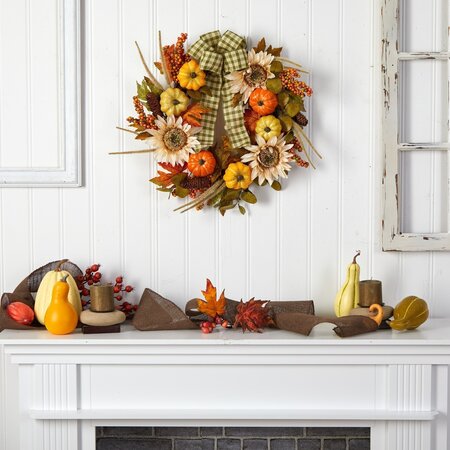 24" Fall Pumpkin, Sunflower Artificial Autumn Wreath with Decorative Ribbon