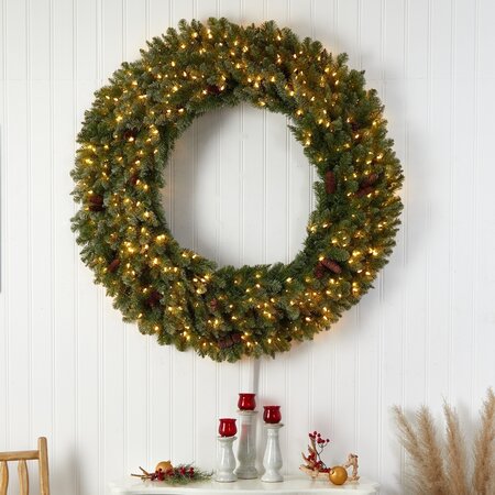 5' Flocked Artificial Christmas Wreath with Pinecones, 300 Clear LED Lights and 680 Bendable Bran...
