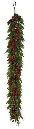 9 FOOT NATURAL TOUCH CYPRESS GARLAND WITH RED BERRIES AND PINE CONES