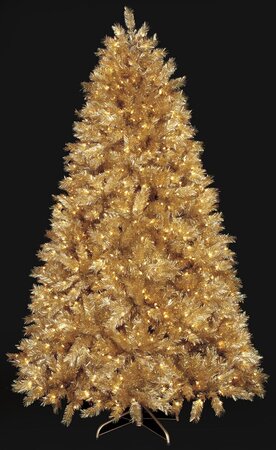 5 feet Gold Tinsel Laser Christmas Tree - Full Size - 450 Clear Lights - Wire Stand