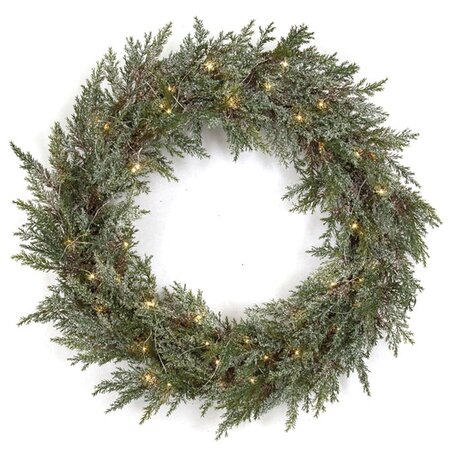 28 inches Plastic Snow Cypress Wreath - Battery Operated - 50 Rice Lights