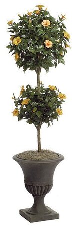 6 feet Hibiscus Artificial Topiary - Double Ball - Natural Trunk - 876 Leaves - 33 Peach Flowers - Weighted Base