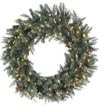 30" Mixed New England Pine (PE) Wreath x170 w/Cones & 100 Clear Lights Green