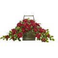 18" Poinsettia and Variegated Holly Artificial Plant in Vintage Decorative Basket (Real Touch)