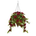 3.5' Poinsettia and Variegated Holly Artificial Plant in Hanging Cone Basket (Real Touch)