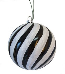 Shiny Black / White Glittered Spiral Ball Ornament | 4 Inch, 6 Inch or 8 Inches