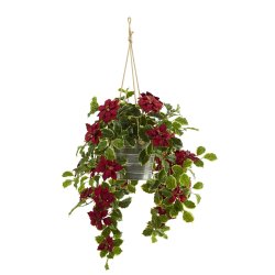 3.5' Poinsettia and Variegated Holly Artificial Plant in Hanging Metal Bucket (Real Touch)